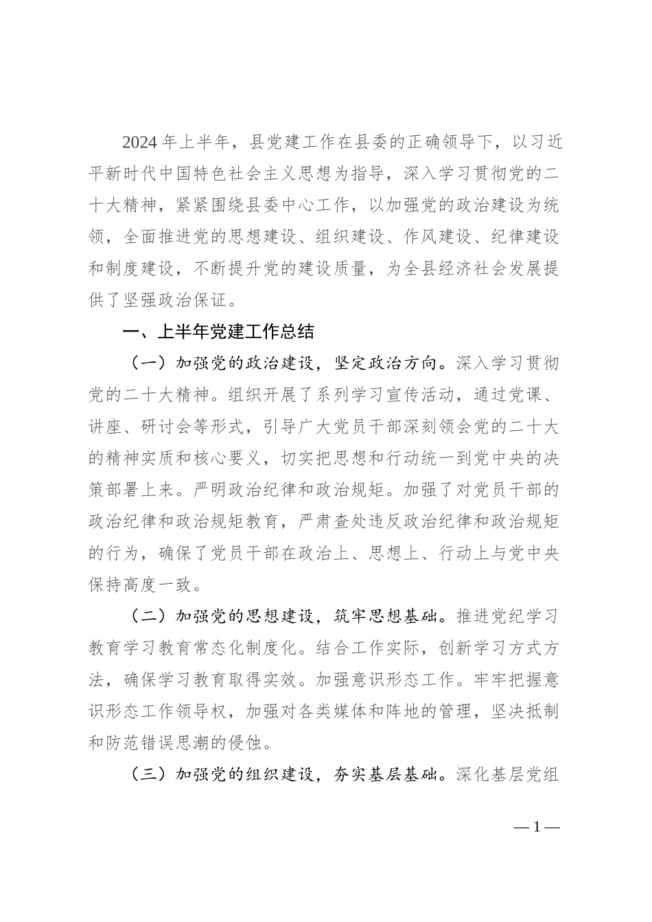县2024年上半年党建工作总结及下半年工作计划_第1页