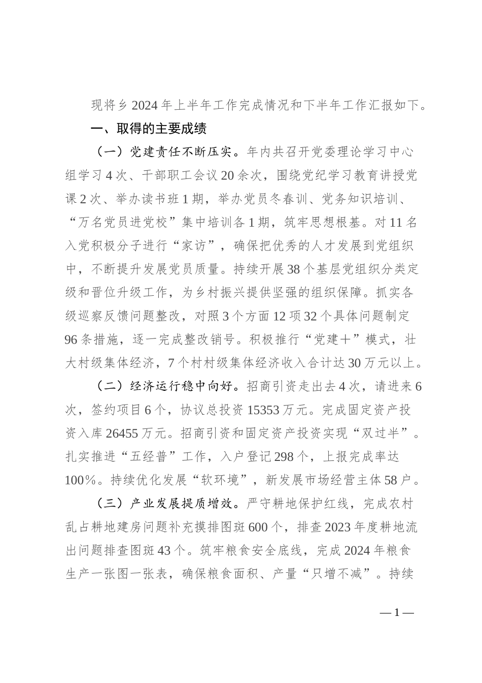 乡2024年上半年工作总结_第1页