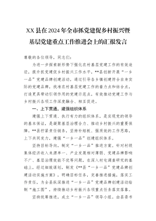 XX县在2024年全市抓党建促乡村振兴暨基层党建重点工作推进会上的汇报发言