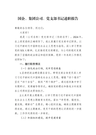 国企、集团公司、党支部书记述职报告