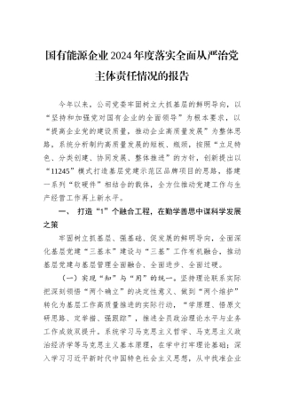 国有能源企业2024年度落实全面从严治党主体责任情况的报告