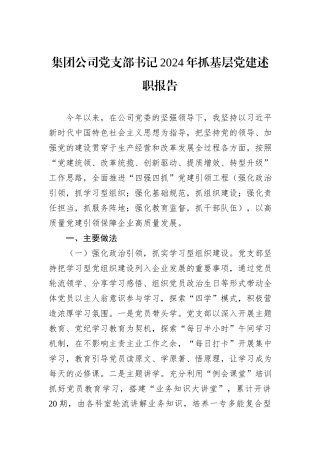 集团公司党支部书记2024年抓基层党建述职报告