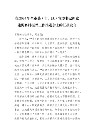 在2024年全市县（市、区）党委书记抓党建促乡村振兴工作推进会上的汇报发言