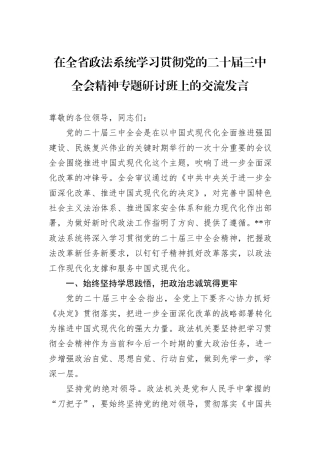 在全省政法系统学习贯彻党的二十届三中全会精神专题研讨班上的交流发言