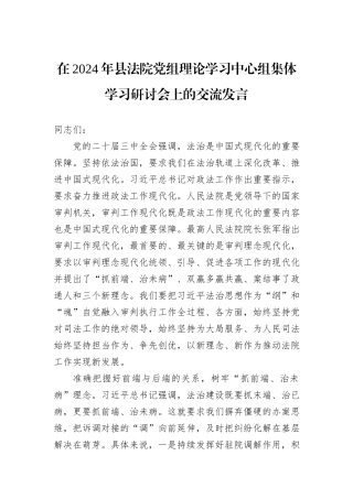 在2024年县法院党组理论学习中心组集体学习研讨会上的交流发言