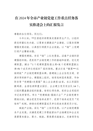 在2024年全市产业链党建工作重点任务落实推进会上的汇报发言20241031
