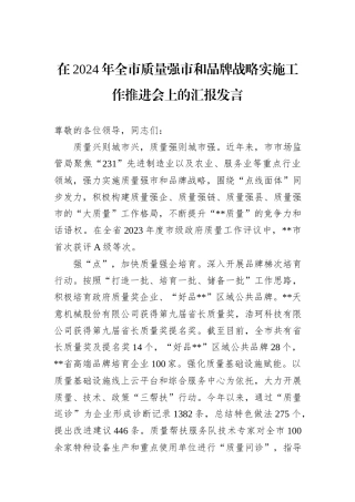 在2024年全市质量强市和品牌战略实施工作推进会上的汇报发言20241031