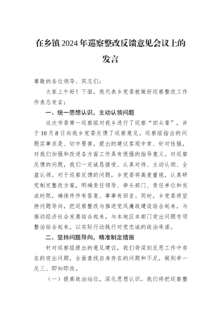 在乡镇2024年巡察整改反馈意见会议上的发言20241031