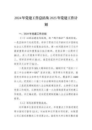 2024年党建工作总结及2025年党建工作计划