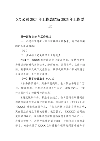 XX公司2024年工作总结及2025年工作要点