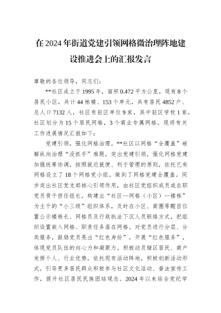 在2024年街道党建引领网格微治理阵地建设推进会上的汇报发言