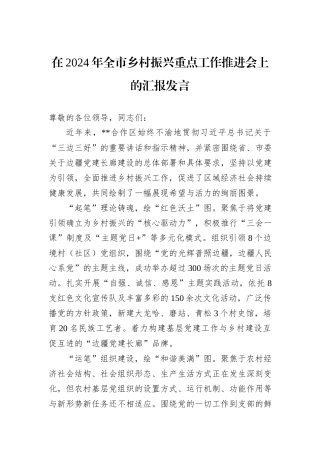 在2024年全市乡村振兴重点工作推进会上的汇报发言