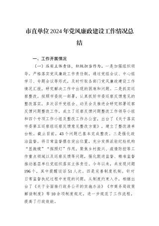 市直单位2024年党风廉政建设工作情况总结20241105