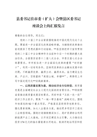 县委书记在市委（扩大）会暨县区委书记座谈会上的汇报发言20241105