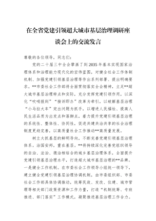 在全省党建引领超大城市基层治理调研座谈会上的交流发言20241105