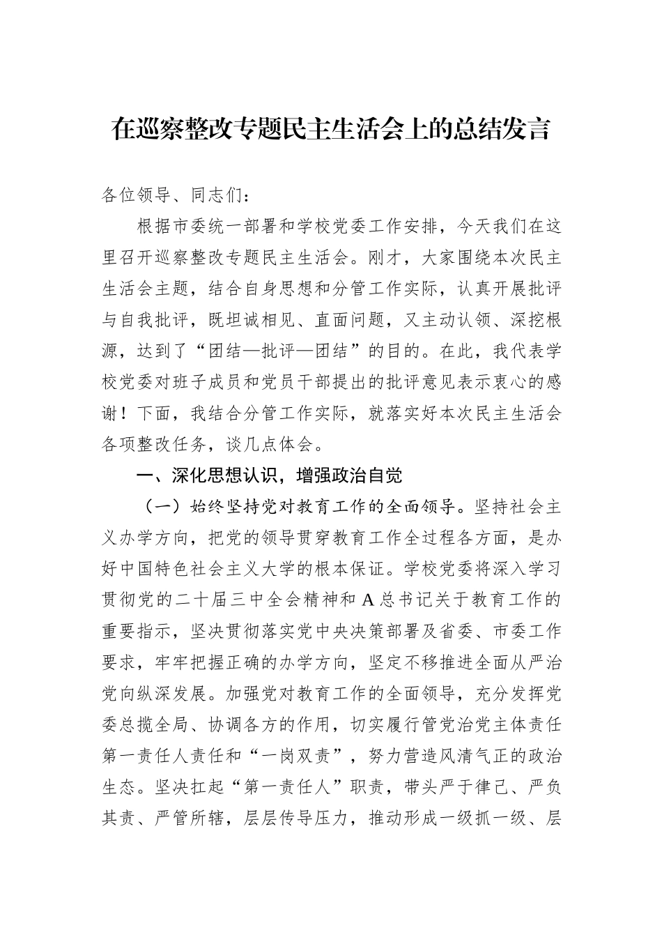 在巡察整改专题民主生活会上的总结发言20241105_第1页