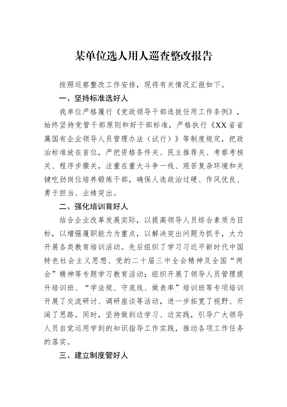 2024年某单位选人用人巡查整改报告_第1页