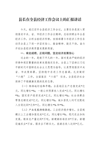 县长在全县经济工作会议上的汇报讲话