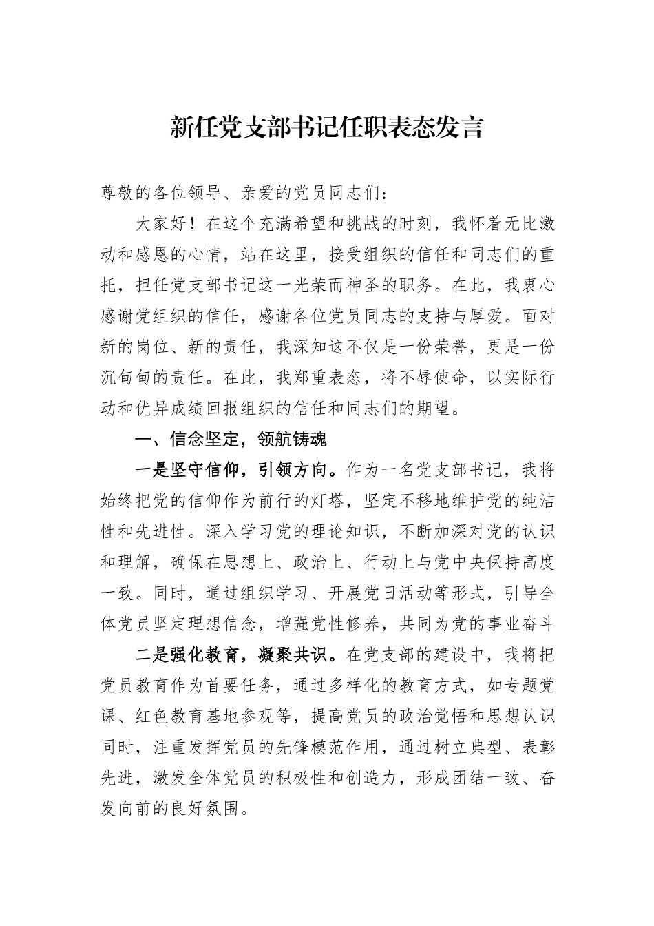 新任党支部书记任职表态发言_第1页