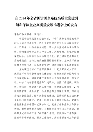 在2024年全省国资国企系统高质量党建引领和保障企业高质量发展推进会上的发言