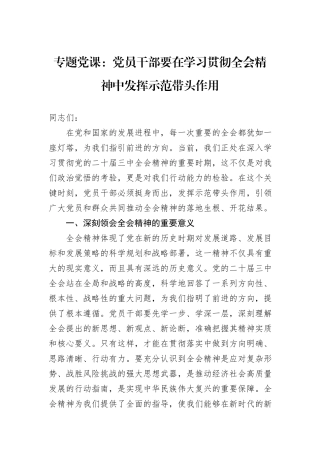 专题党课：党员干部要在学习贯彻全会精神中发挥示范带头作用