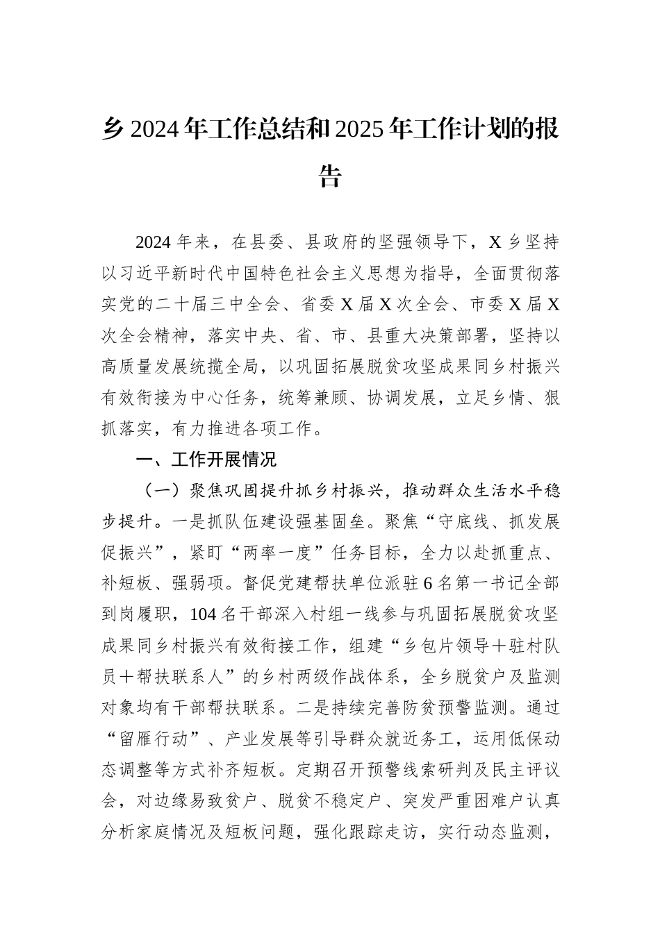 乡2024年工作总结和2025年工作计划的报告_第1页