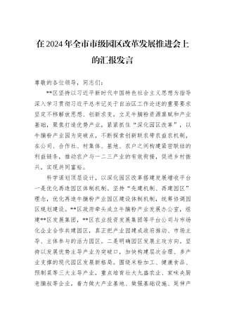 在2024年全市市级园区改革发展推进会上的汇报发言