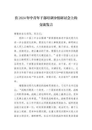 在2024年中青年干部培训分组研讨会上的交流发言