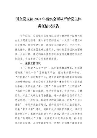 国企党支部2024年落实全面从严治党主体责任情况报告