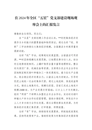 在2024年全区“五星”党支部建设现场观摩会上的汇报发言