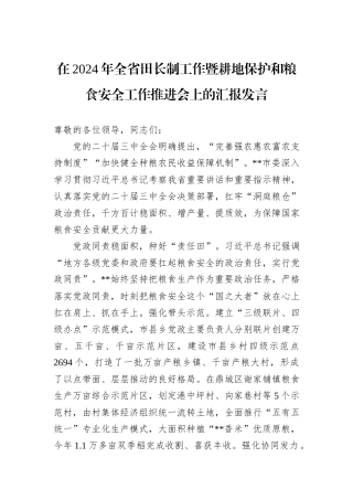 在2024年全省田长制工作暨耕地保护和粮食安全工作推进会上的汇报发言