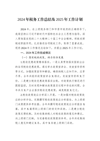 2024年税务工作总结及2025年工作计划