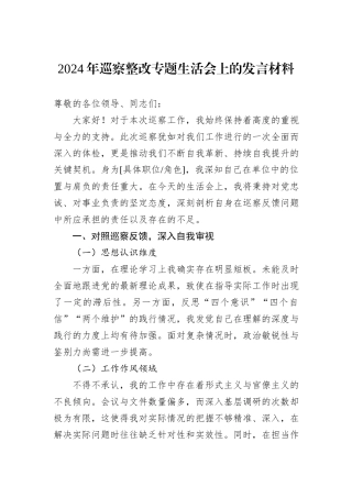 2024年巡察整改专题生活会上的发言材料