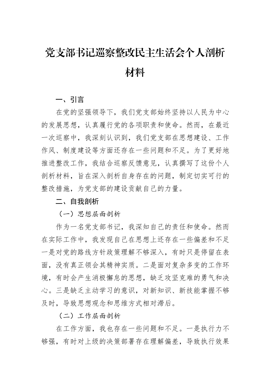 党支部书记巡察整改民主生活会个人剖析材料_第1页