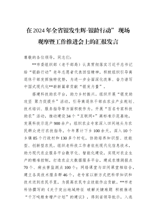 在2024年全省银发生辉·银龄行动”+现场观摩暨工作推进会上的汇报发言