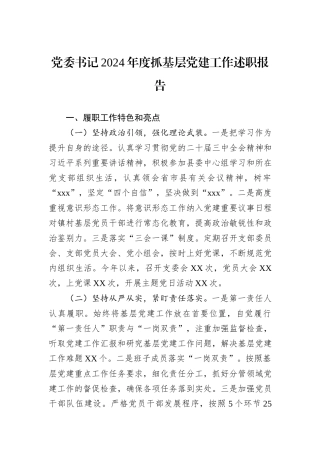 党委书记2024年度抓基层党建工作述职报告