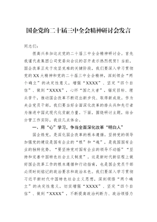 国企党的二十届三中全会精神研讨会发言