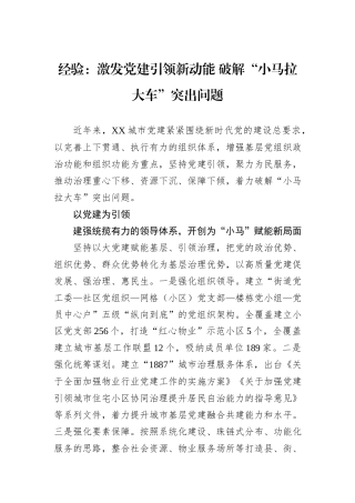 经验：激发党建引领新动能+破解“小马拉大车”突出问题