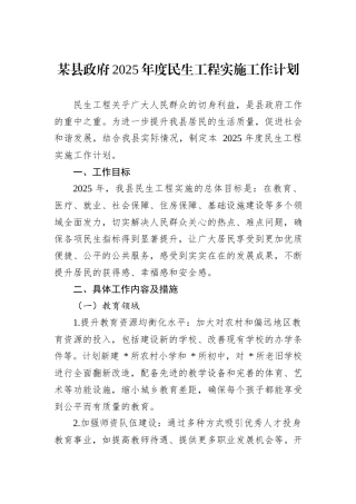 某县政府2025年度民生工程实施工作计划