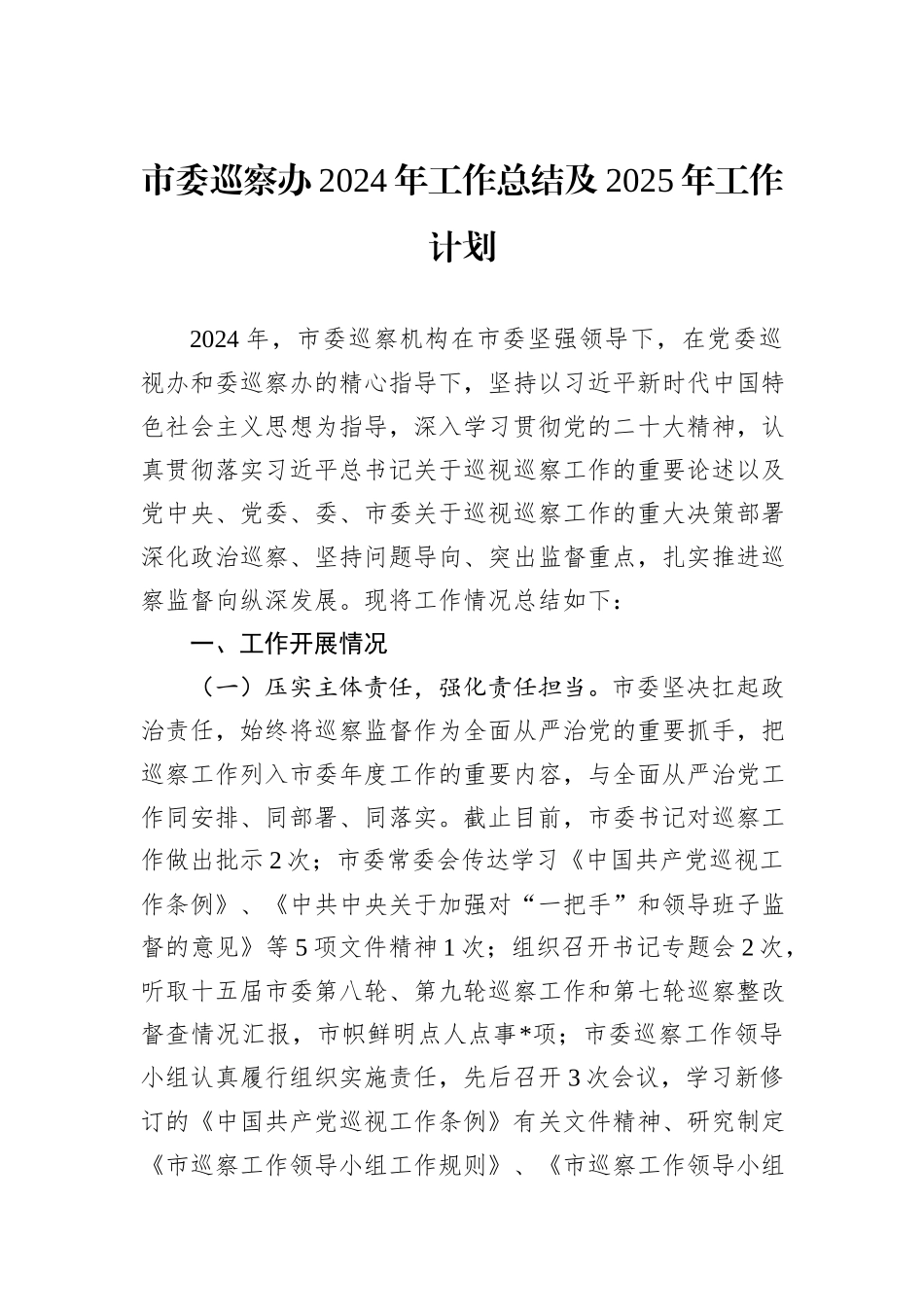 市委巡察办2024年工作总结及2025年工作计划_第1页