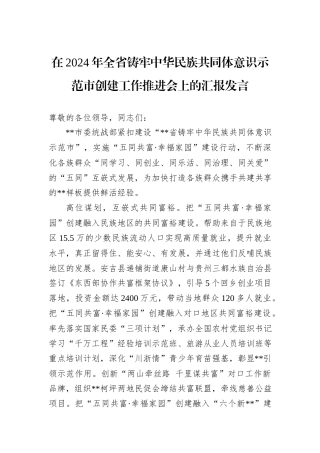 在2024年全省铸牢中华民族共同体意识示范市创建工作推进会上的汇报发言