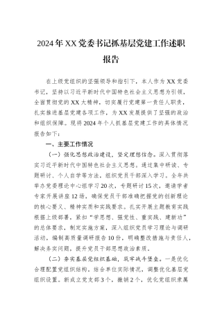 2024年XX党委书记抓基层党建工作述职报告