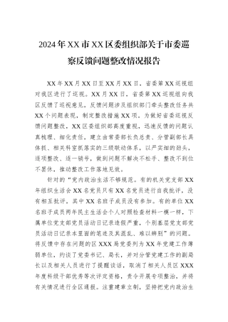 2024年XX市XX区委组织部关于市委巡察反馈问题整改情况报告