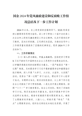 国企2024年党风廉政建设和反腐败工作情况总结及下一步工作计划