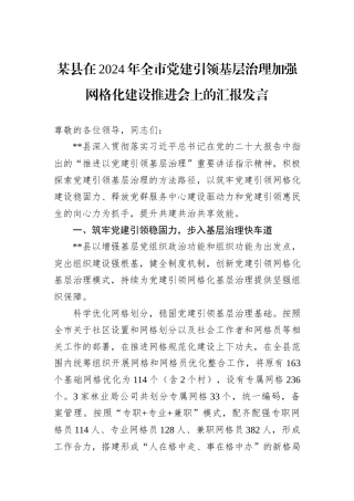 某县在2024年全市党建引领基层治理加强网格化建设推进会上的汇报发言