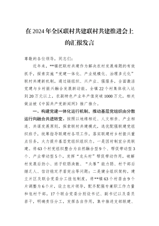 在2024年全区联村共建联村共建推进会上的汇报发言