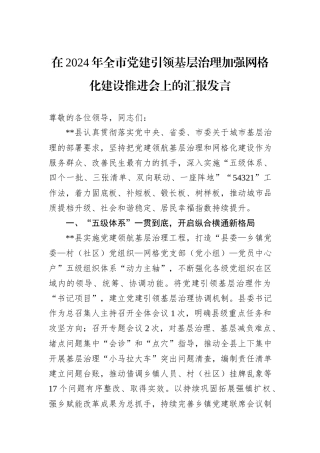 在2024年全市党建引领基层治理加强网格化建设推进会上的汇报发言