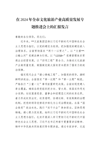 在2024年全市文化旅游产业高质量发展专题推进会上的汇报发言