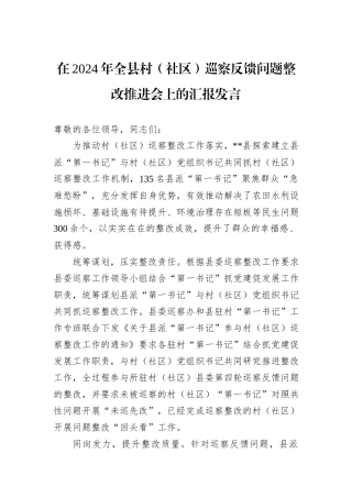 在2024年全县村（社区）巡察反馈问题整改推进会上的汇报发言