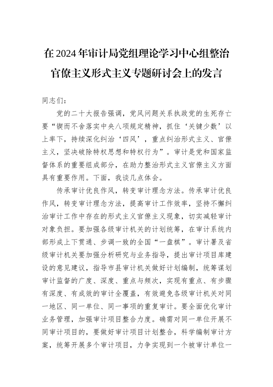在2024年审计局党组理论学习中心组整治官僚主义形式主义专题研讨会上的发言_第1页